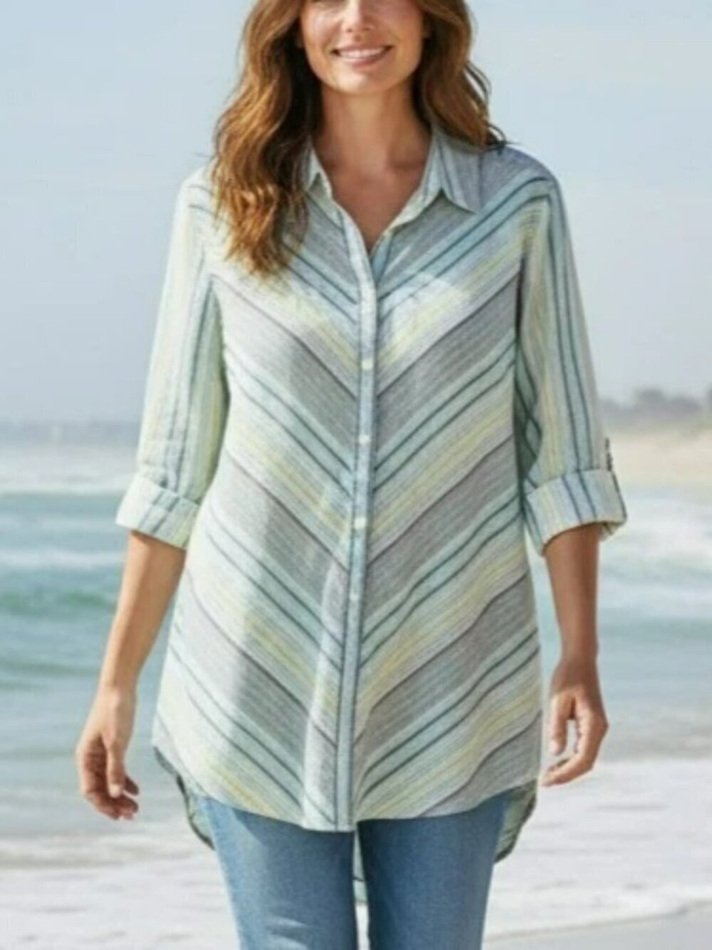 Chico's No Iron Linen Striped Button Front Shirt Size Large / 2 Blue Beachy